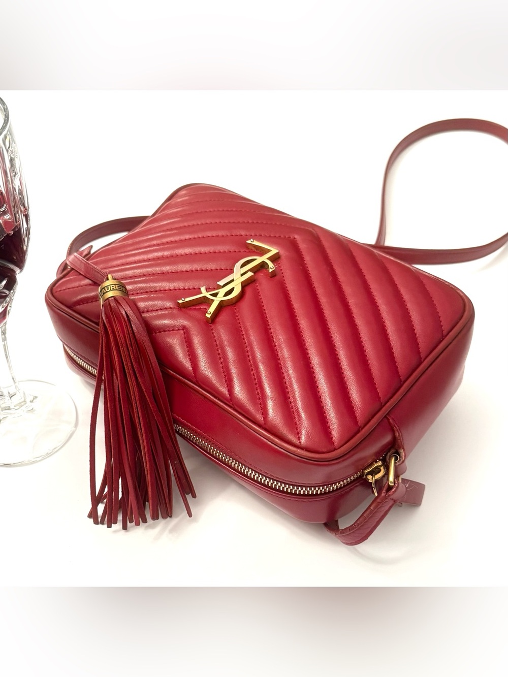 Saint Laurent Burgundy Matelassé Leather Lou Camera Bag YSL Logo Crossbody Italy